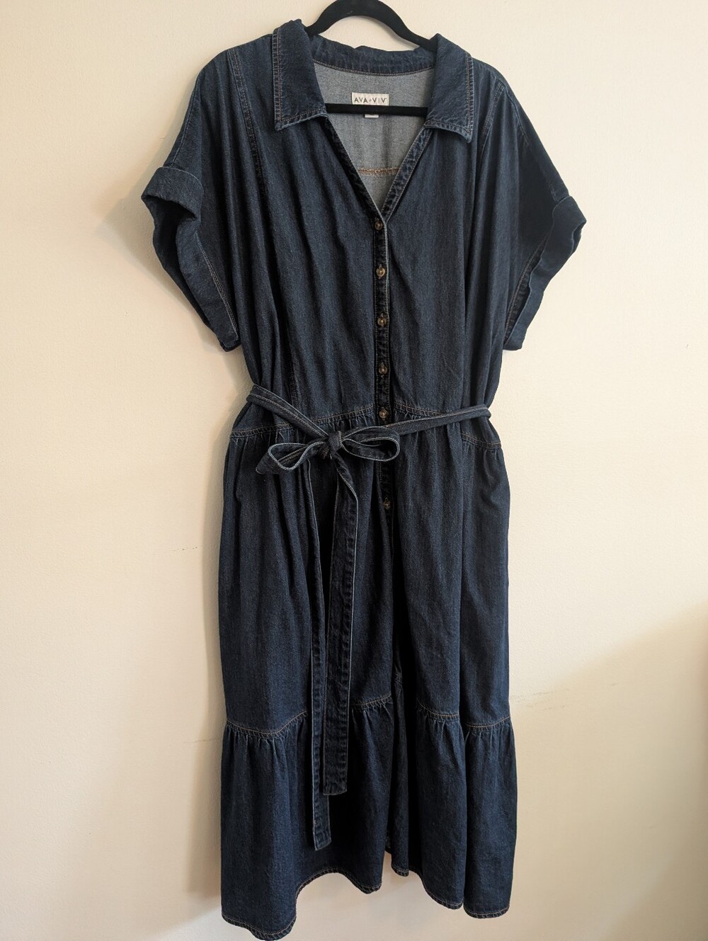 Ava & Viv Dark Blue Button-Front Denim Midi Dress with Tie Belt - Picture 2 of 6